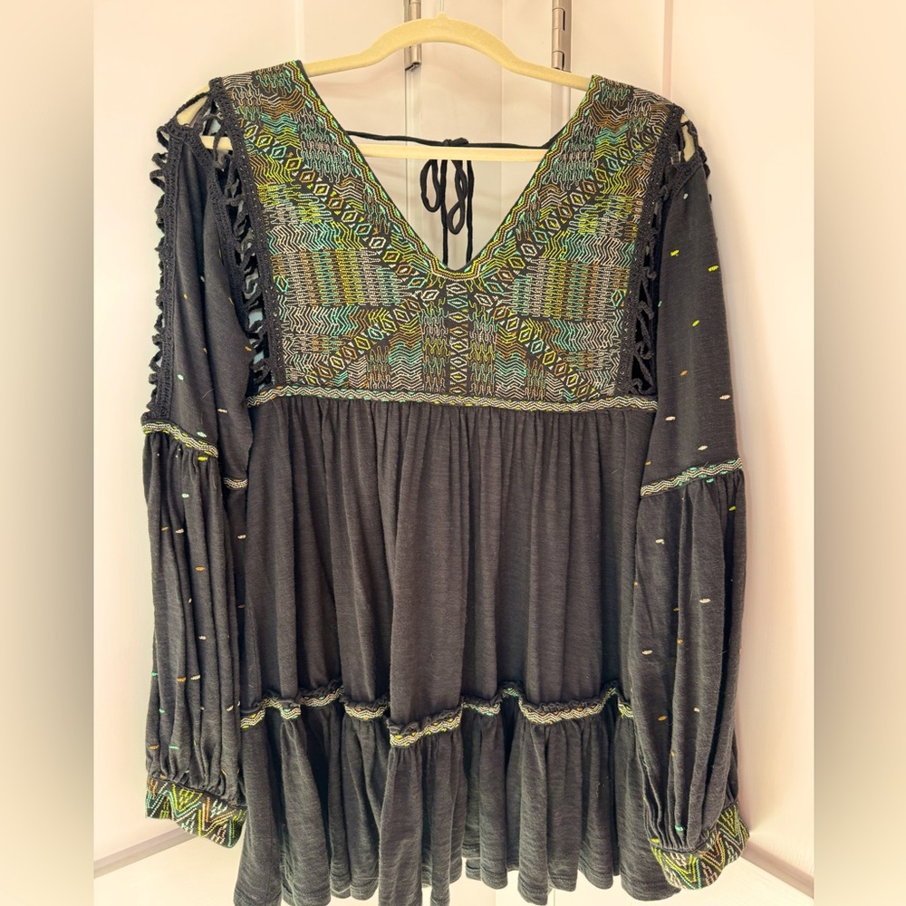 Free People Embroidered Tunic with Tie Back and Ruffles